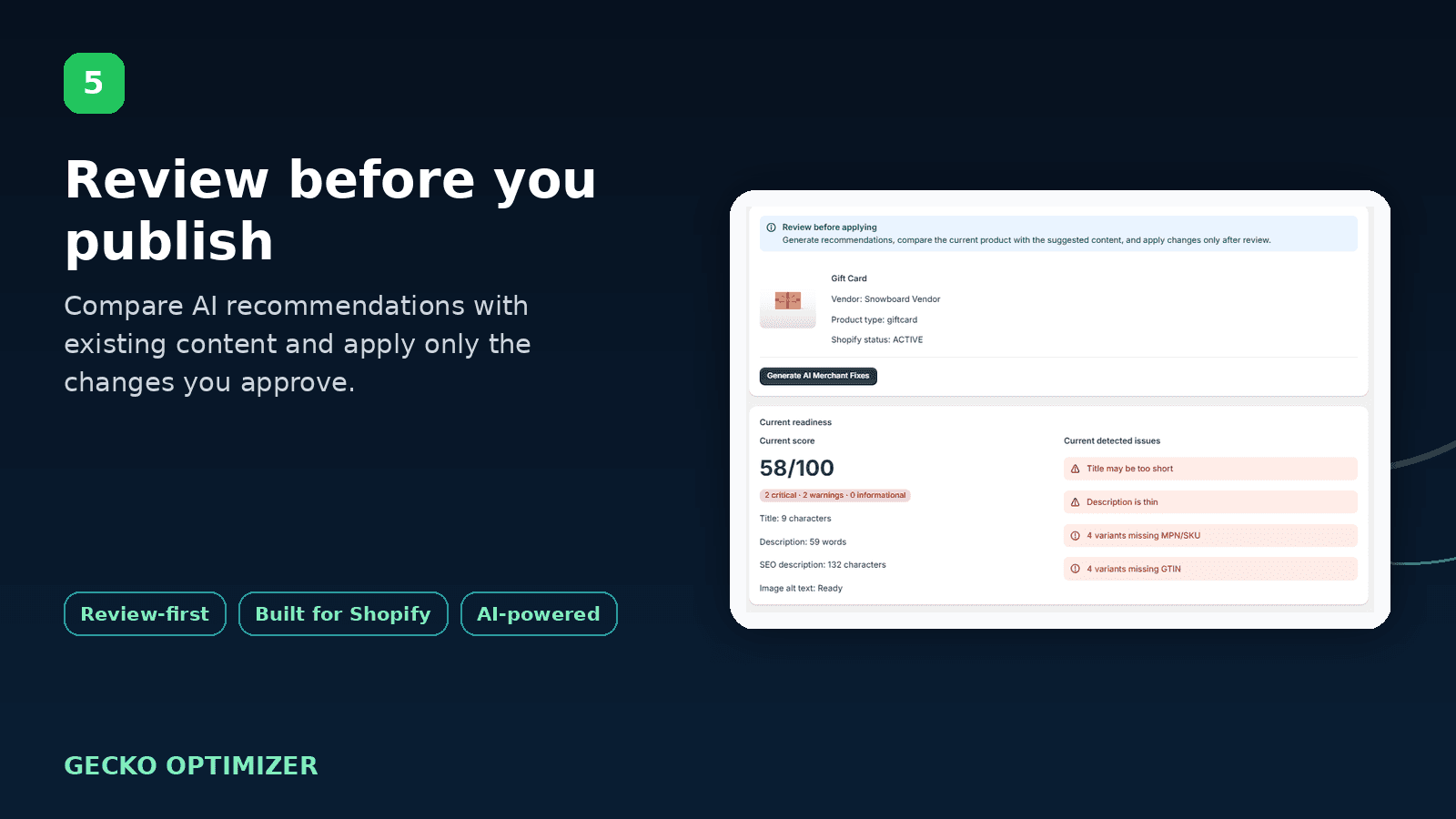 Review every recommendation before publishing